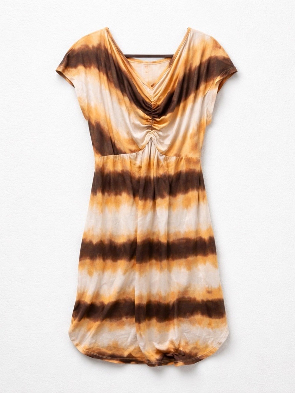 Tie-Dye Short Sleeve Cowl Neck Maxi  Dress in Brown & Mustard